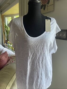 Rachel Zoe White Scoop Neck Short Sleeve Linen Tee